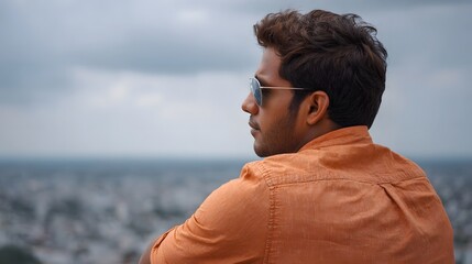 Fototapeta premium A man in an orange shirt stands overlooking a vast hazy city panorama under an expansive sky