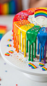 Close-up of cake on stand with colored glaze and rainbow decoration, representative of pride celebration, joy, and community spirit, good for social concepts