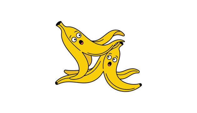 Funny Surprised Banana Peel Characters Illustration for Slapstick Humor Comic Concept Food Sticker and Merchandise Design