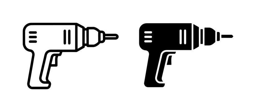 Electric Drill Icon Set in Outline and Solid Style