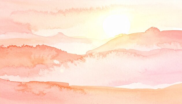 Abstract watercolor background with hand painted sky clouds and soft pink blue landscape design