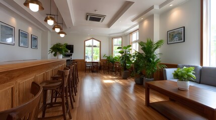 Fototapeta premium A bright modern lounge interior featuring natural wood elements abundant greenery and comfortable seating areas