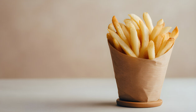 Brown paper cone of golden french fries on rotating plate on clean light background. Concept of fast food snack, street food, takeaway menu, and casual eating.