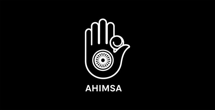 White hand symbol with peace wheel and ahimsa text
