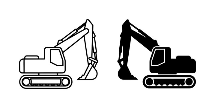 Excavator Construction Machine Line and Silhouette Icon Set