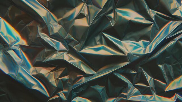 A close-up view of crumpled metallic foil sheets reflecting light
