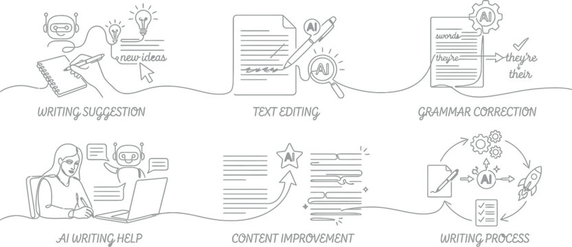 An infographic illustrating the writing process with AI assistance for content improvement and grammar correction AI, eps, png, jpg. transparent background.