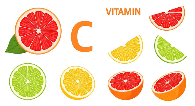 Pixel art collection of citrus fruits including grapefruit, lemon, and lime slices, with vitamin C and letter C icons for healthy eating and nutrition concepts