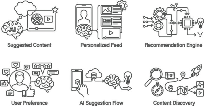 A black and white illustration showcasing various concepts related to content recommendation and discovery AI, eps, png, jpg. transparent background.