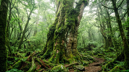 Fototapeta premium Ancient Moss-Covered Tree in Misty Forest