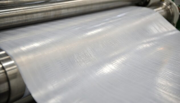 Footage of linear rollers creating parallel embossed lines on soft plastic sheets emphasizing uniform texture application and mechanical process efficiency.
