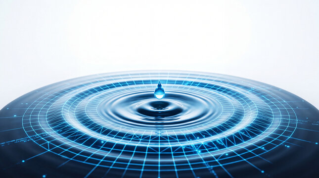 Water surface ripples morphing into glowing blue wireframe grid on dark background