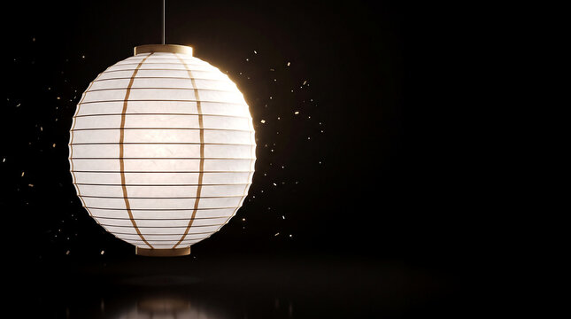 Minimalist modern Japanese paper lantern glowing warmly isolated on white background, close-up