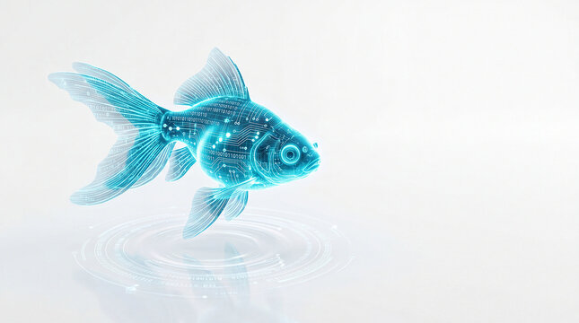 Japanese goldfish made of glowing holographic digital data and circuitry on dark background