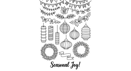 Hand drawn seasonal festive elements set with lanterns and wreaths. © Shal_Kafa_Alfattah