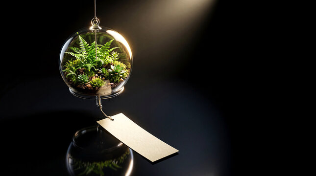 Miniature green forest ecosystem inside a Japanese glass wind chime isolated on white, close-up