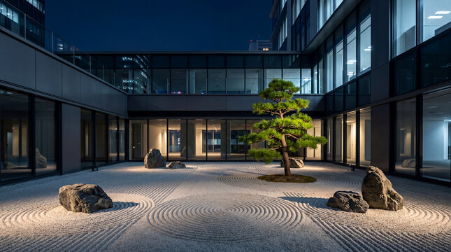 Minimalist corporate building with Japanese zen garden courtyard white raked sand and summer green pine tree