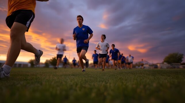 An athletic team trains and runs across a grassy field under the dramatic vibrant light of sunset