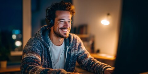 Obraz premium Young man with headphones smiling while using computer in cozy room during night, warm lighting and modern decor create inviting atmosphere