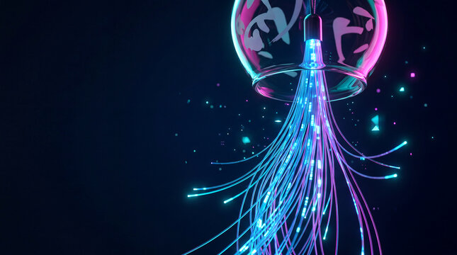 Japanese wind chime morphing into glowing fiber optic cables on dark background, close-up
