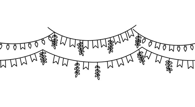 Hand drawn festive bunting and hanging plant garland line art.