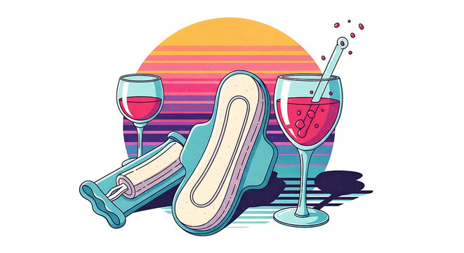 Pixel art illustration of menstrual pads and wine glasses against a retro sunset