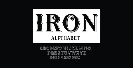 Fototapeta premium A stylized iron alphabet logo with letters and numbers on a black background