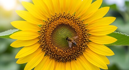 Fototapeta premium Close up of a bright yellow sunflower with a bee nature and flora concept