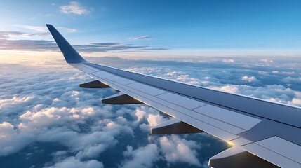 Obraz premium Airplane Wing Over Clouds at Sunrise with Blue Sky and Horizon