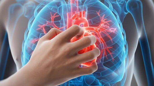 3d medical animation of a human heart attack with hand clutching chest, suitable for health education, clinical research, news, and biology.