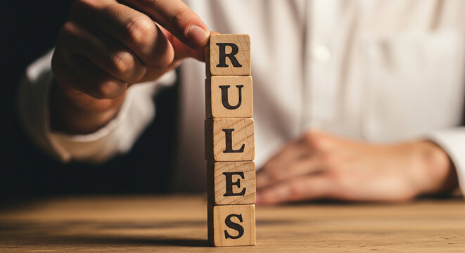 Businessman hand placing a wooden block on a tower spelling rules perfect for corporate compliance and legal frameworks