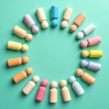Colorful wooden peg people form a circle on a teal background