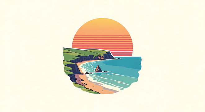 Pixel art beach landscape with sun setting over the ocean, retro 80s vibe, vintage summer vacation theme