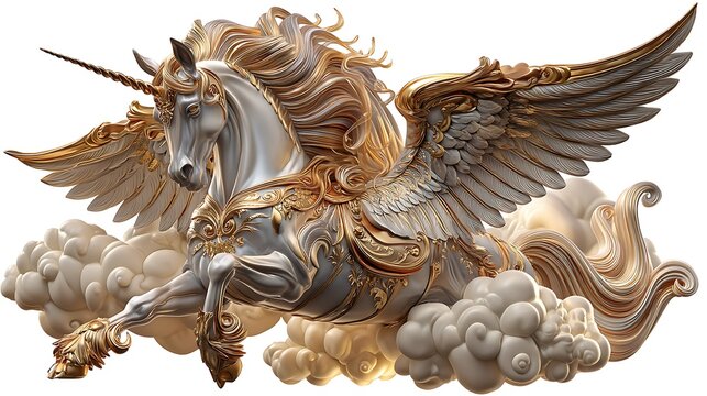 Elegant mythical unicorn flying in clouds high resolution image