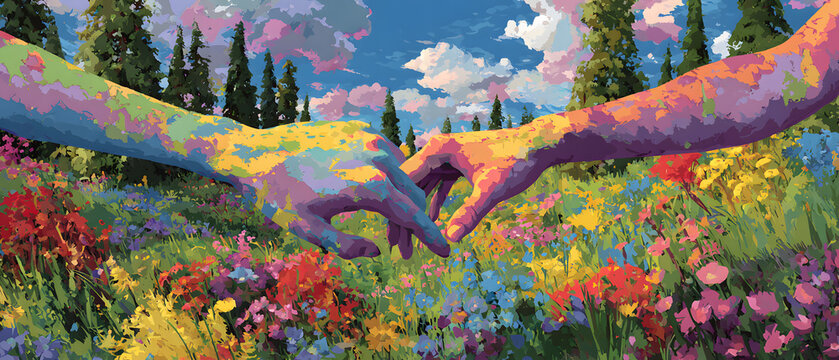 Colorful hands linking above vibrant meadow with wildflower field and forest background, painted impressionist style conveying joy and connection in nature