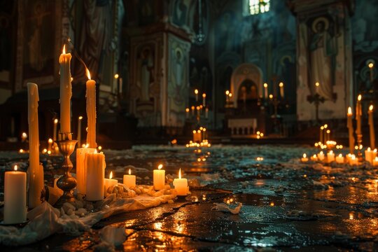 Many burning candles illuminating the aisle of a church during a ceremony, creating a warm and spiritual atmosphere