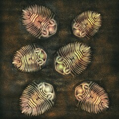 A collection of prehistoric trilobite fossils on a textured dark brown earth background, abstract digital illustration. © DECHA