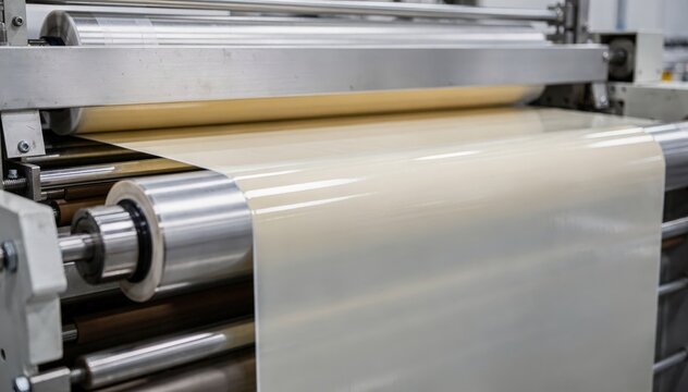 Film label stock moving through a highspeed wide web coater receiving a uniform layer of pressuresensitive adhesive for flexible durable label production.