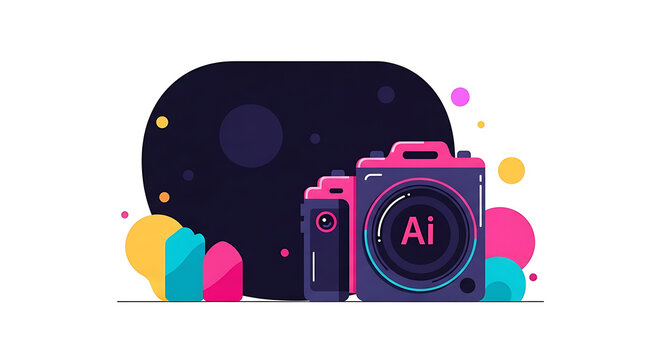 Pixel art cameras in vibrant pink and teal colors, representing photography and artificial intelligence, set against a dark abstract background with colorful circles