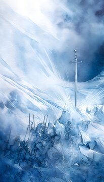 Fantasy warriors gather around an ice sword bathed in ethereal light a dramatic battle scene