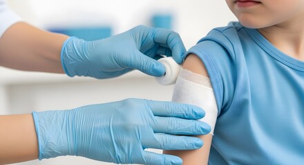 Fototapeta premium Child receiving vaccination a close up view of a healthcare professional administering an injection to a young patient's upper arm