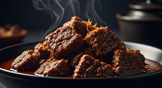 A steaming hot bowl of spicy braised beef chunks in a rich savory sauce, ready to serve