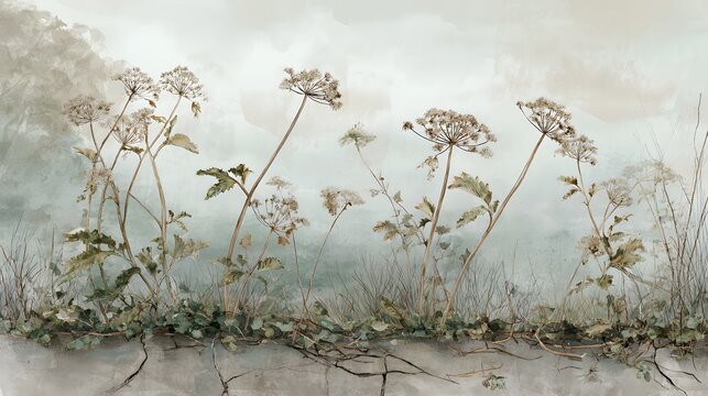 Wilted hogweed illustration shows nature reclaiming a cracked rural road softened by mist