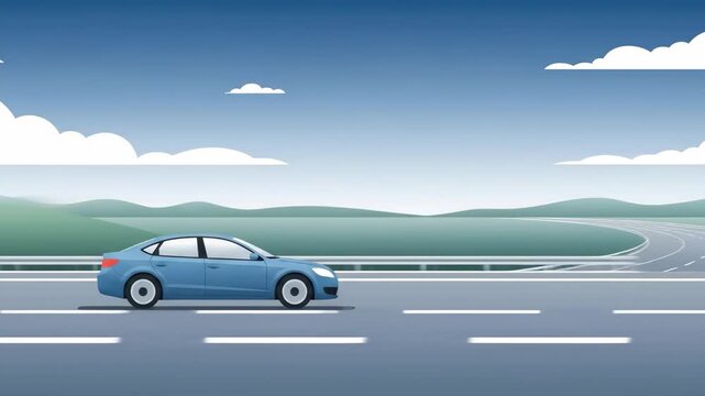 Animated blue sedan driving on highway with rolling hills and sky