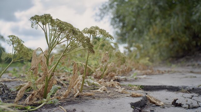 Wilted hogweed devastation along a cracked road reveals nature&rsquo;s struggle against herbicide impact