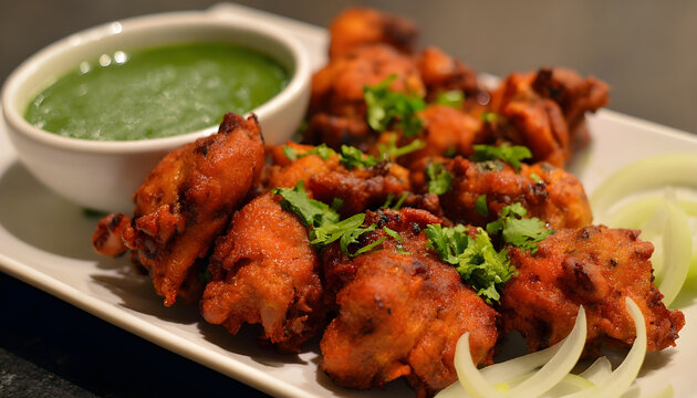 crispy fried chicken pakora served with green chutney and onion slices