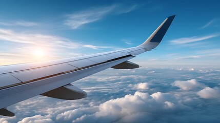 Obraz premium Serene Airplane Wing Above Fluffy Clouds Under Bright Blue Sky