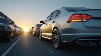 Fototapeta premium Sleek Sedan in Traffic at Sunset with Warm Light and Urban Vibe