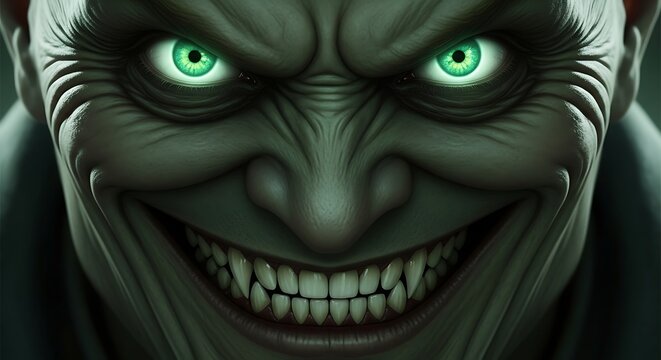 Close up of a grotesque face with glowing green eyes and a sinister grin
