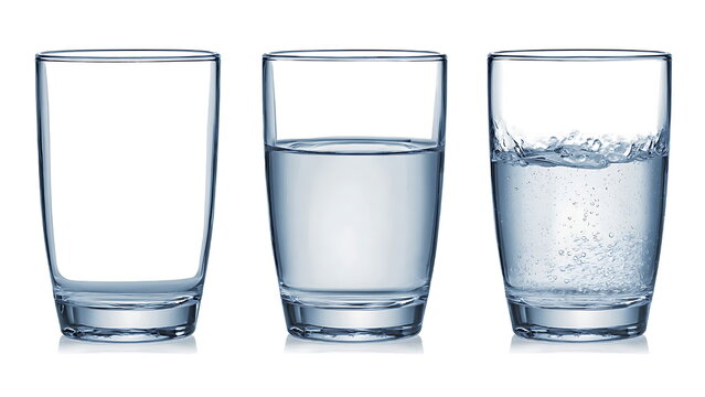 Three clear glasses filled with water, showing conditions from empty to half full